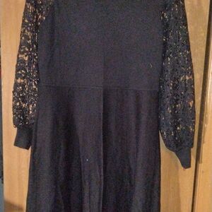 Nina Leonard Black Knit Sleeve Long Dress Mock Neck -size M